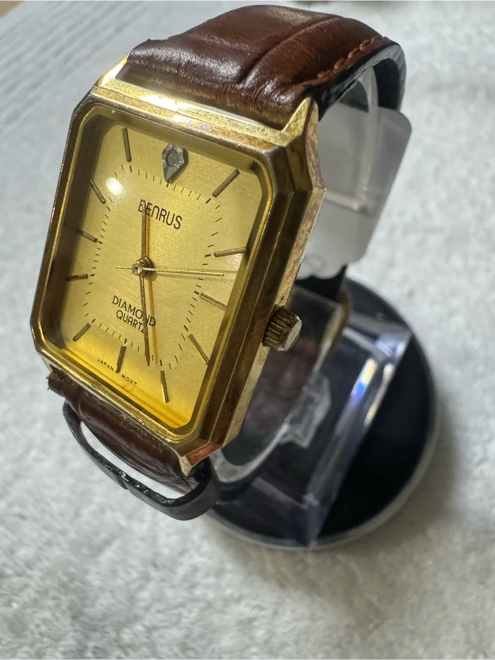 Benrus Gold-Tone Diamond Accent Quartz Watch with Brown Leather Strap